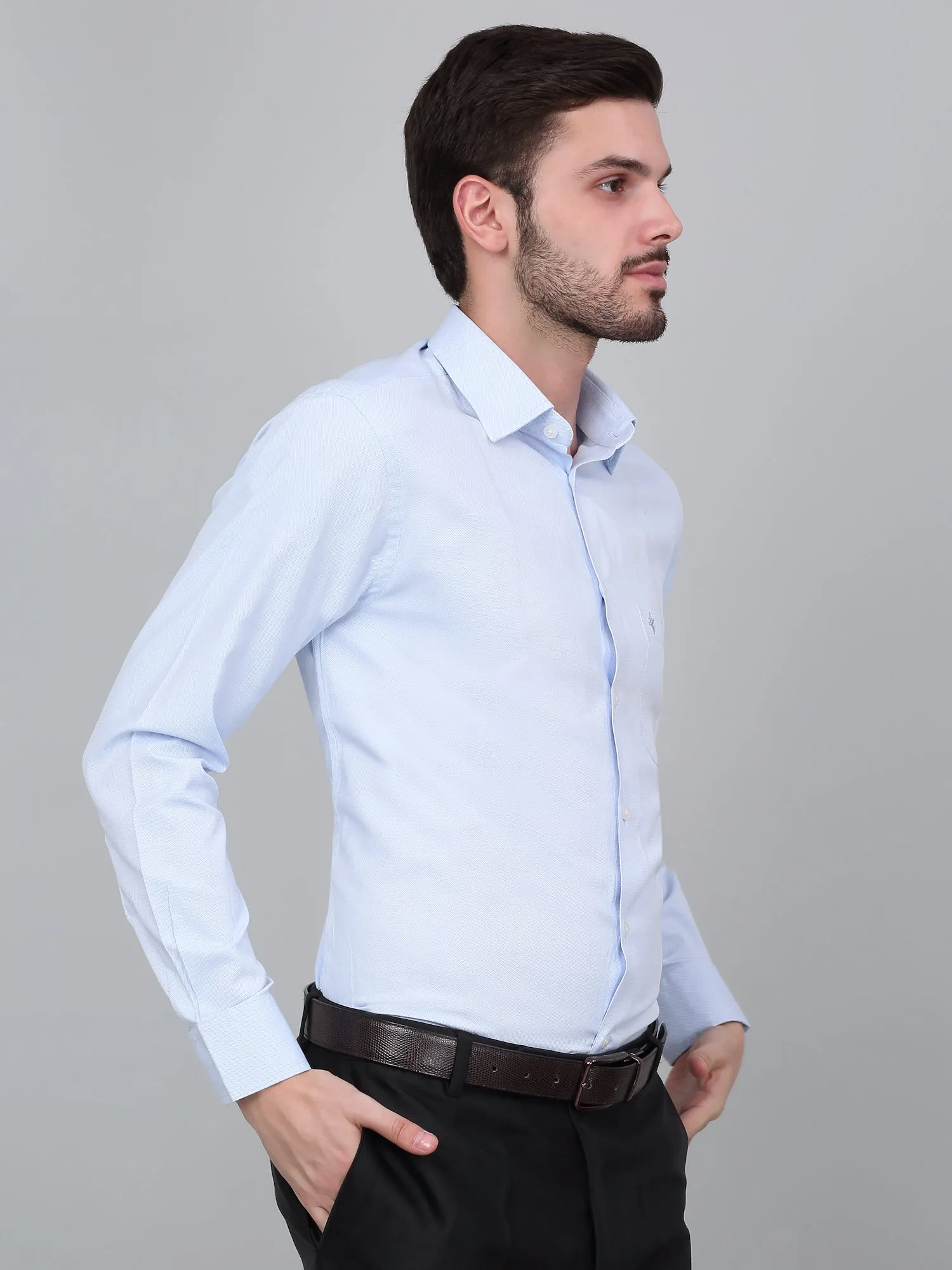 Men's Light Blue Formal Self Textured Full Sleeve Shirt