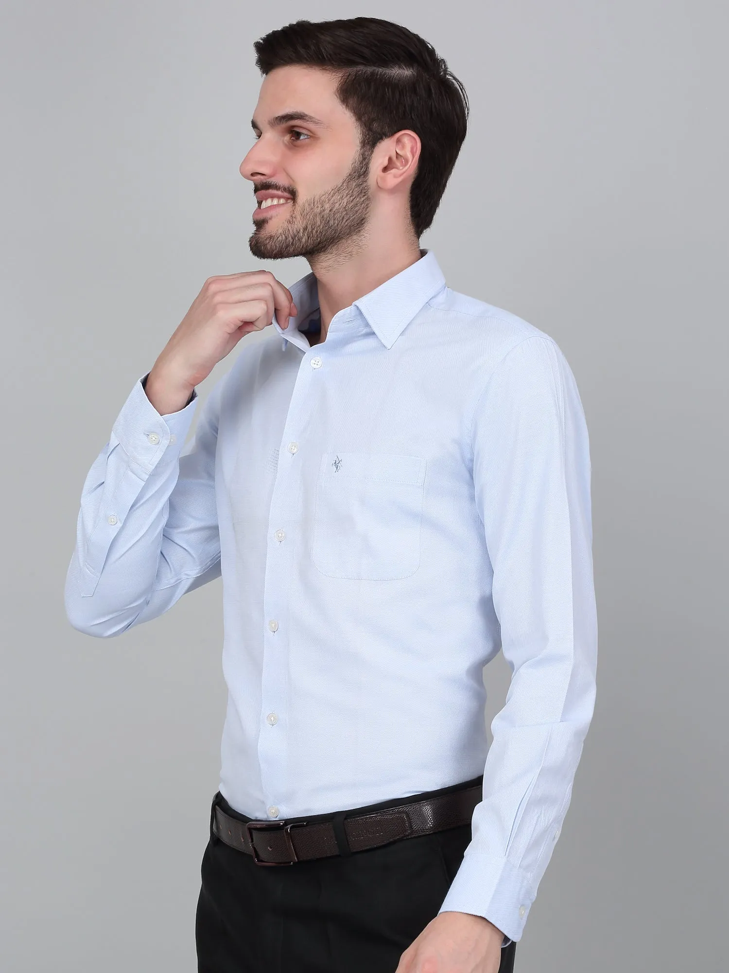 Men's Light Blue Formal Self Textured Full Sleeve Shirt