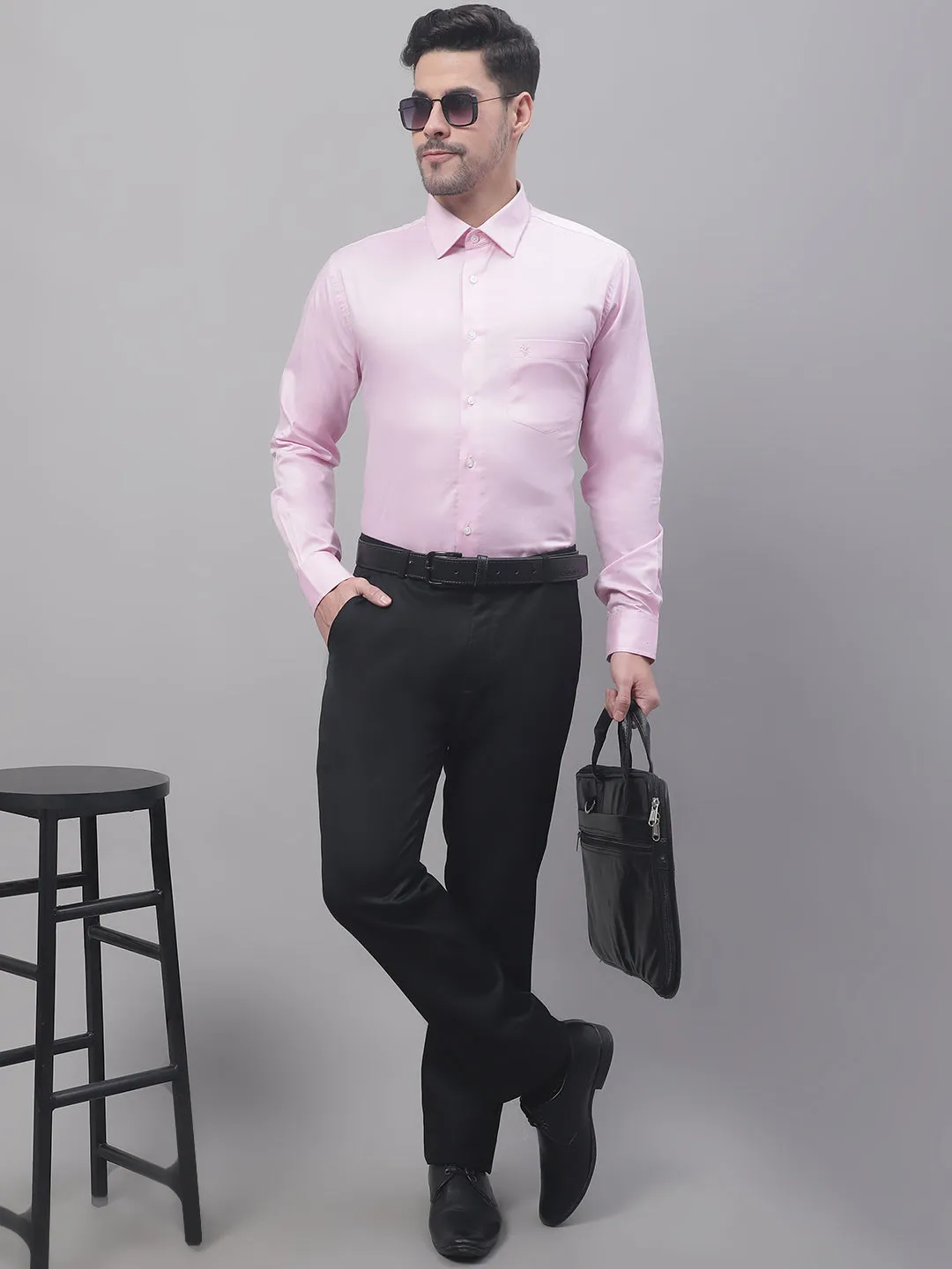 Men's Light Pink Formal Fil a Fil Plain Full Sleeve Shirt