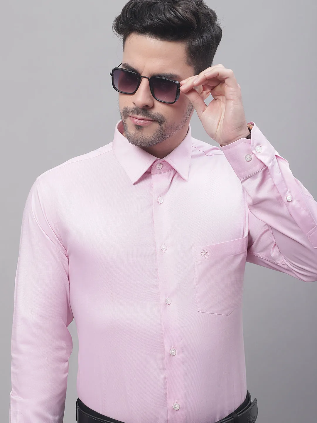 Men's Light Pink Formal Fil a Fil Plain Full Sleeve Shirt