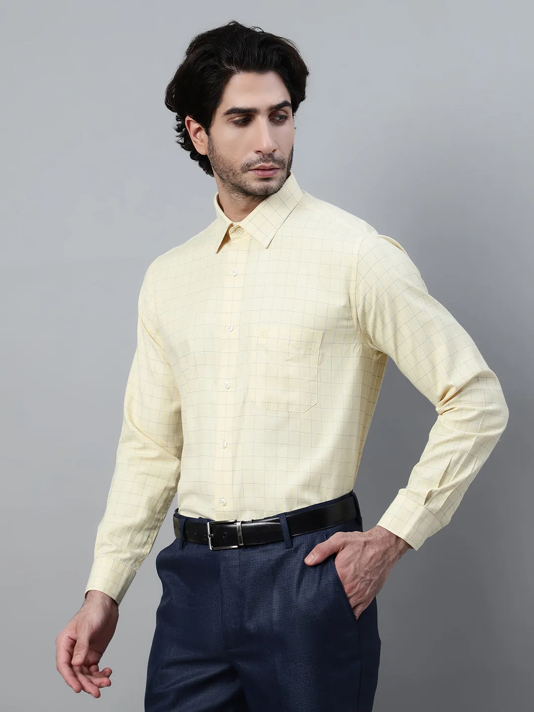 Men's Light Yellow Formal Medium Checks Full Sleeve Shirt