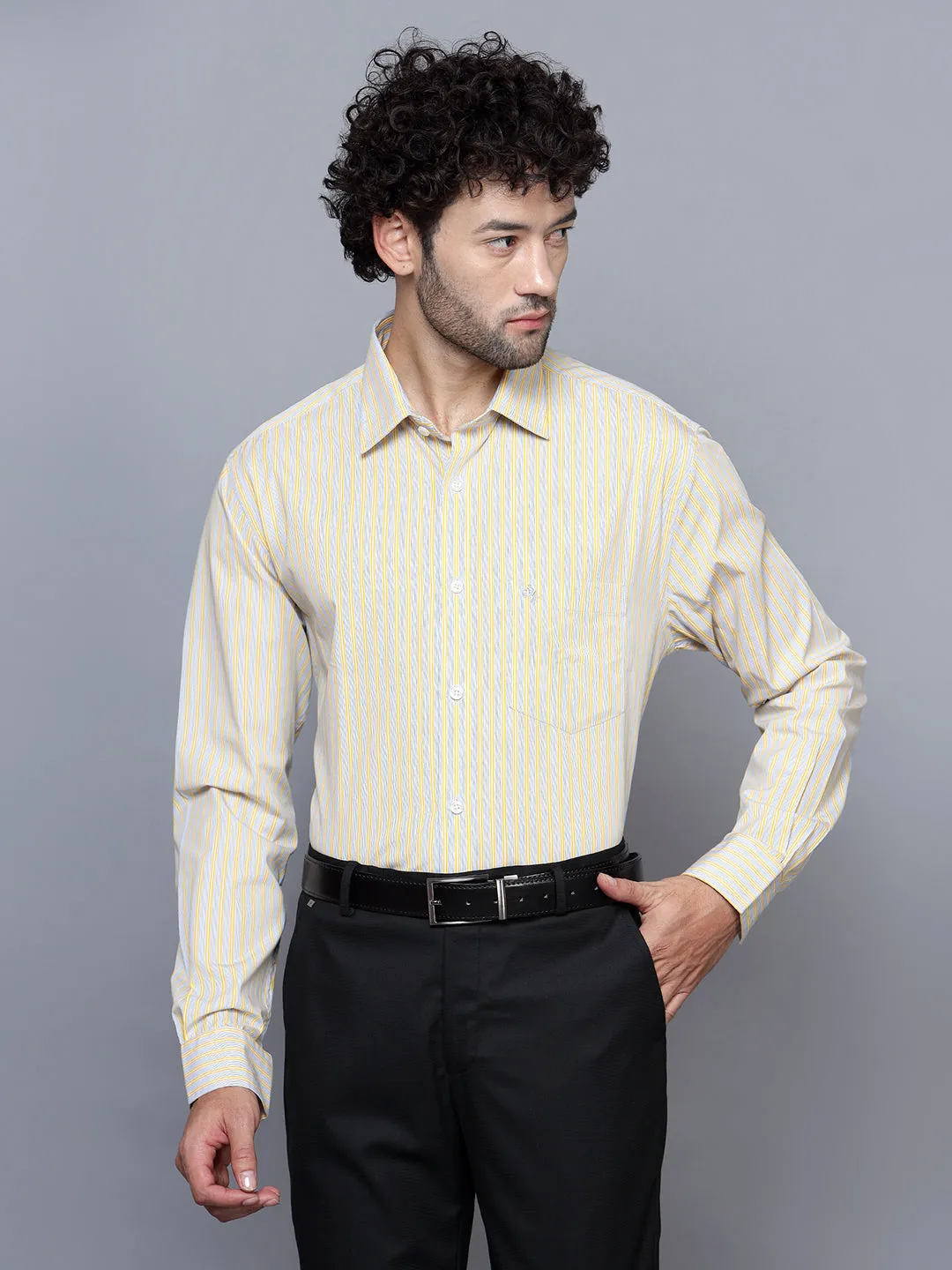 Men's Light Yellow Formal Narrow Stripe Full Sleeve Shirt