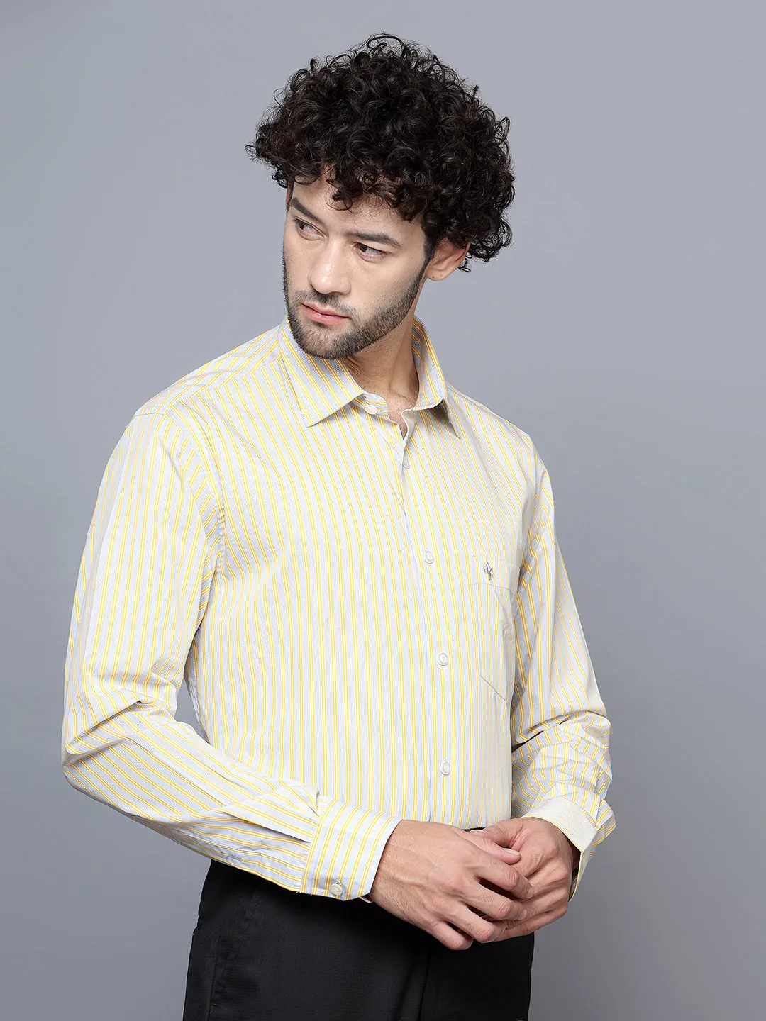 Men's Light Yellow Formal Narrow Stripe Full Sleeve Shirt