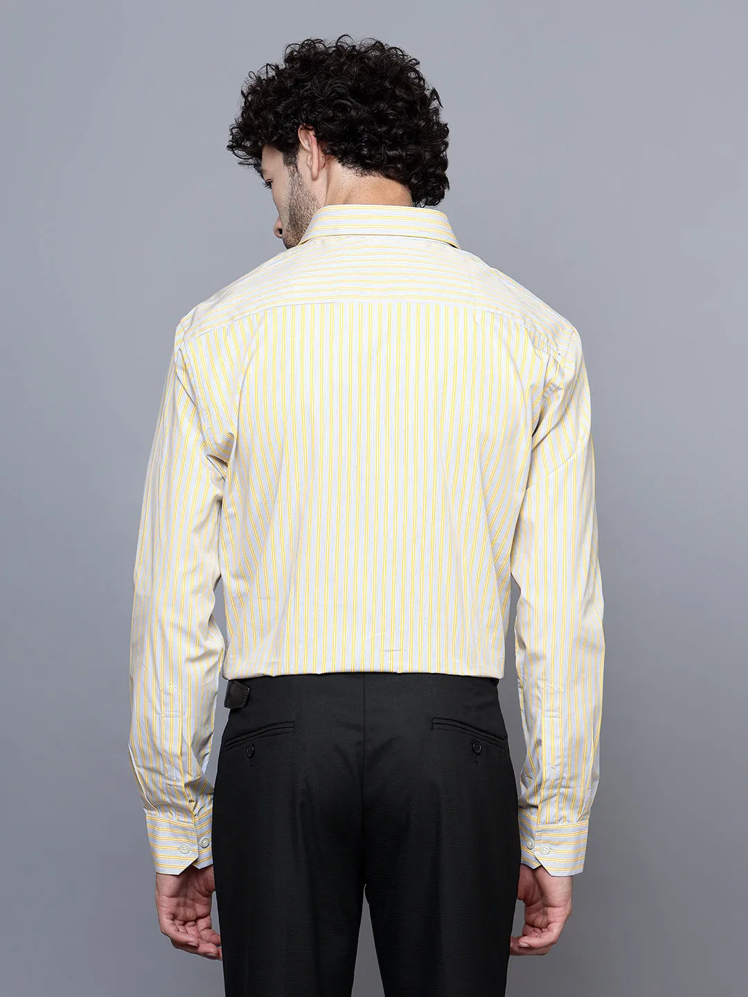 Men's Light Yellow Formal Narrow Stripe Full Sleeve Shirt