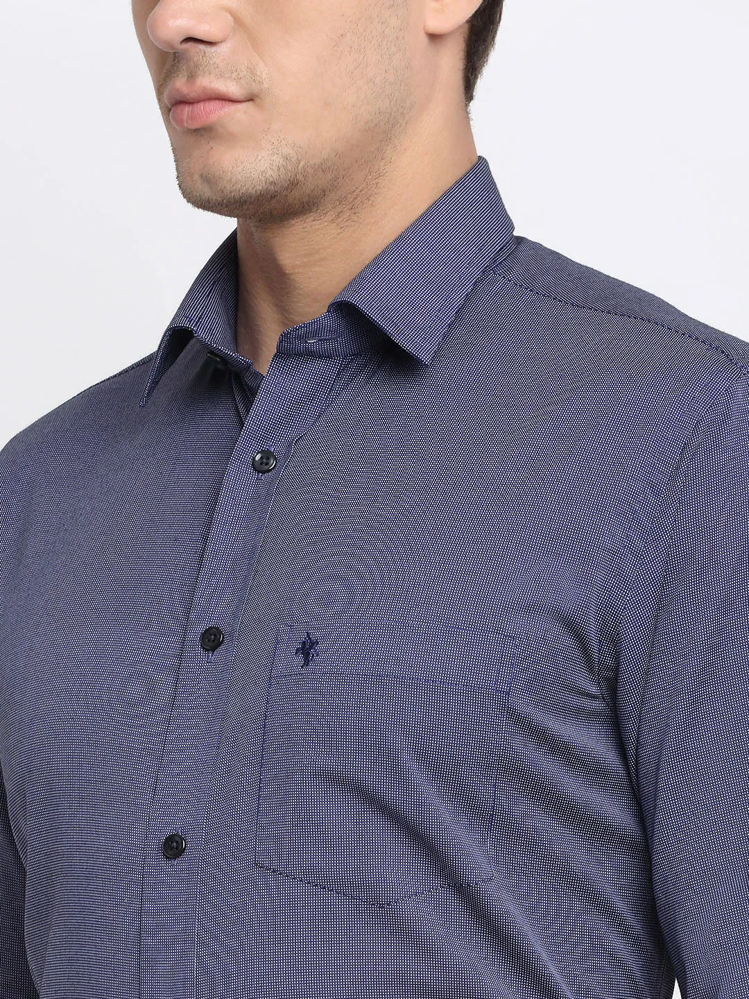 Men's Navy Blue Formal Self Textured Full Sleeve Shirt