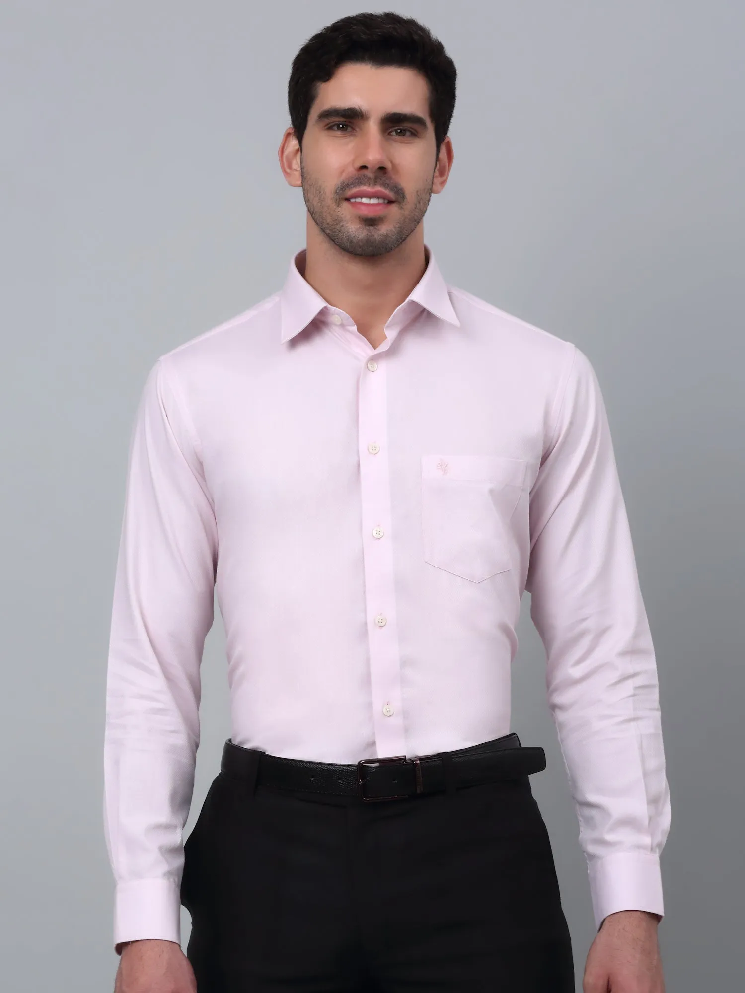 Men's Pink Formal Self Textured Full Sleeve Shirt