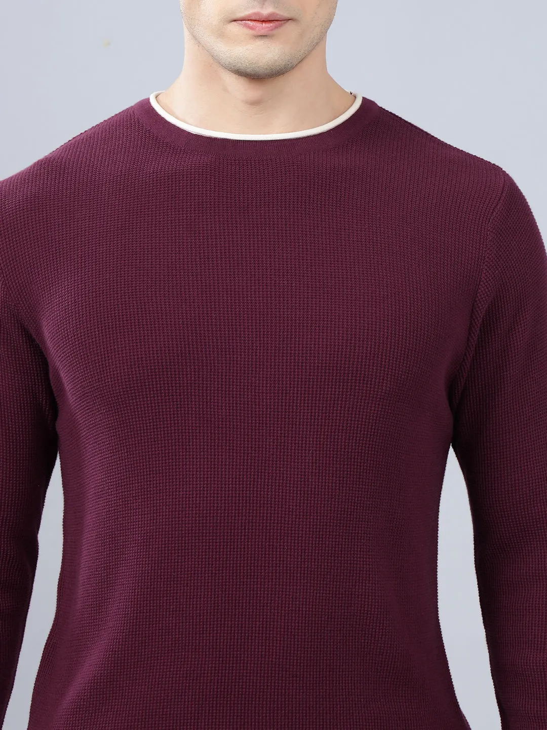 Men's Purple Self Design Full Sleeve Sweater