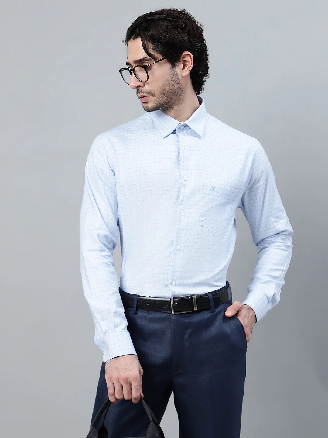 Men's Sky Blue Checkered Full Sleeve Formal Shirt