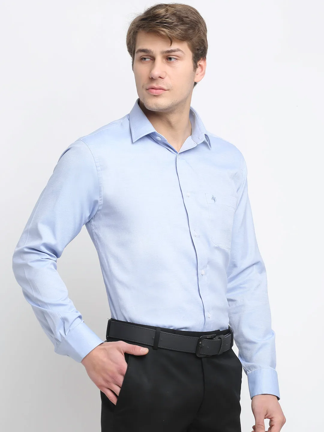 Men's Sky Blue Formal Self Textured Full Sleeve Shirt