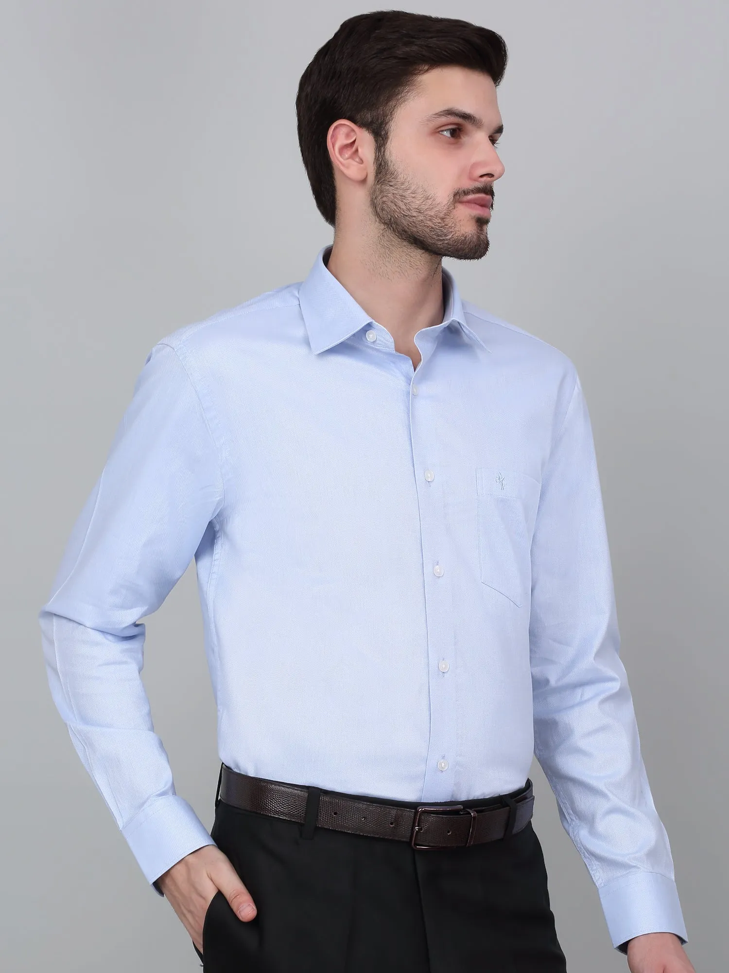 Men's Sky Blue Self Design Full Sleeve Formal Shirt