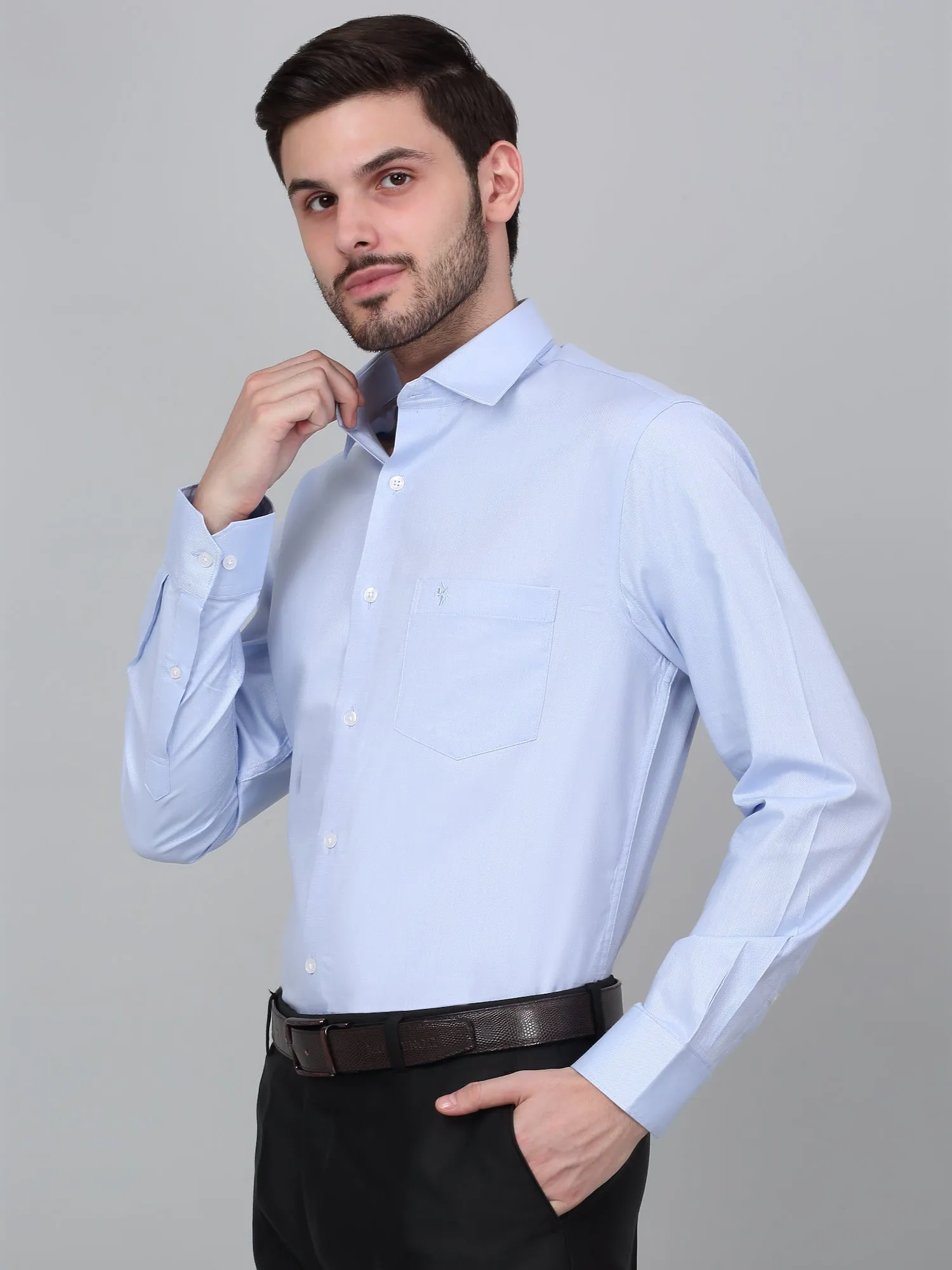 Men's Sky Blue Self Design Full Sleeve Formal Shirt