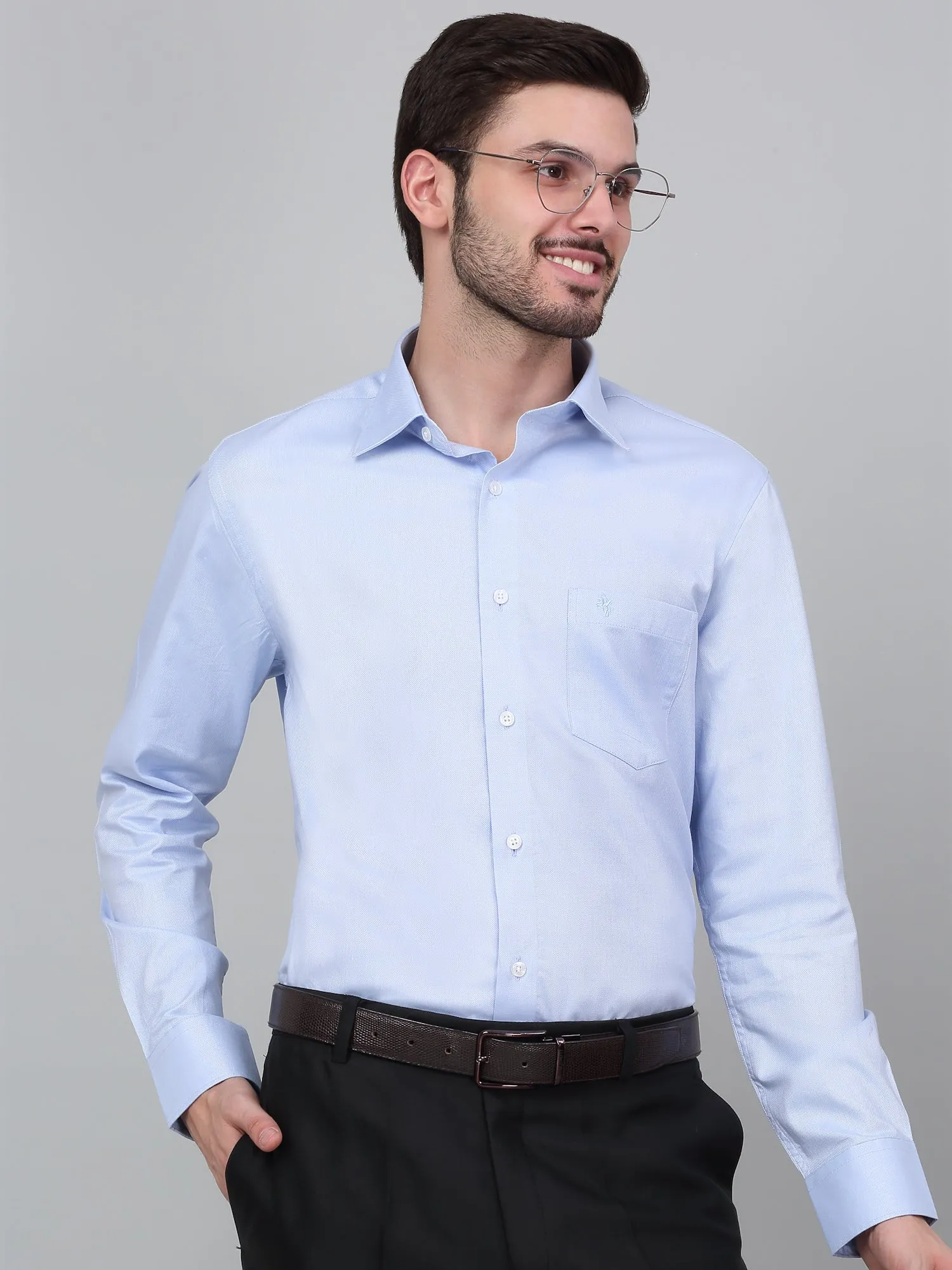 Men's Sky Blue Self Design Full Sleeve Formal Shirt