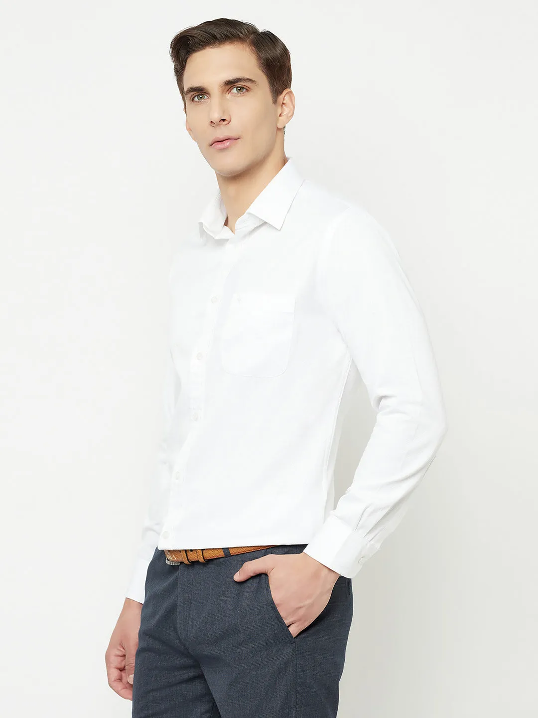 Men's White Formal Self Textured Full Sleeve Shirt