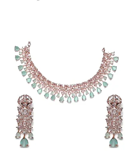 Mint Green American Diamond Rose Gold Plated Jewellery Set