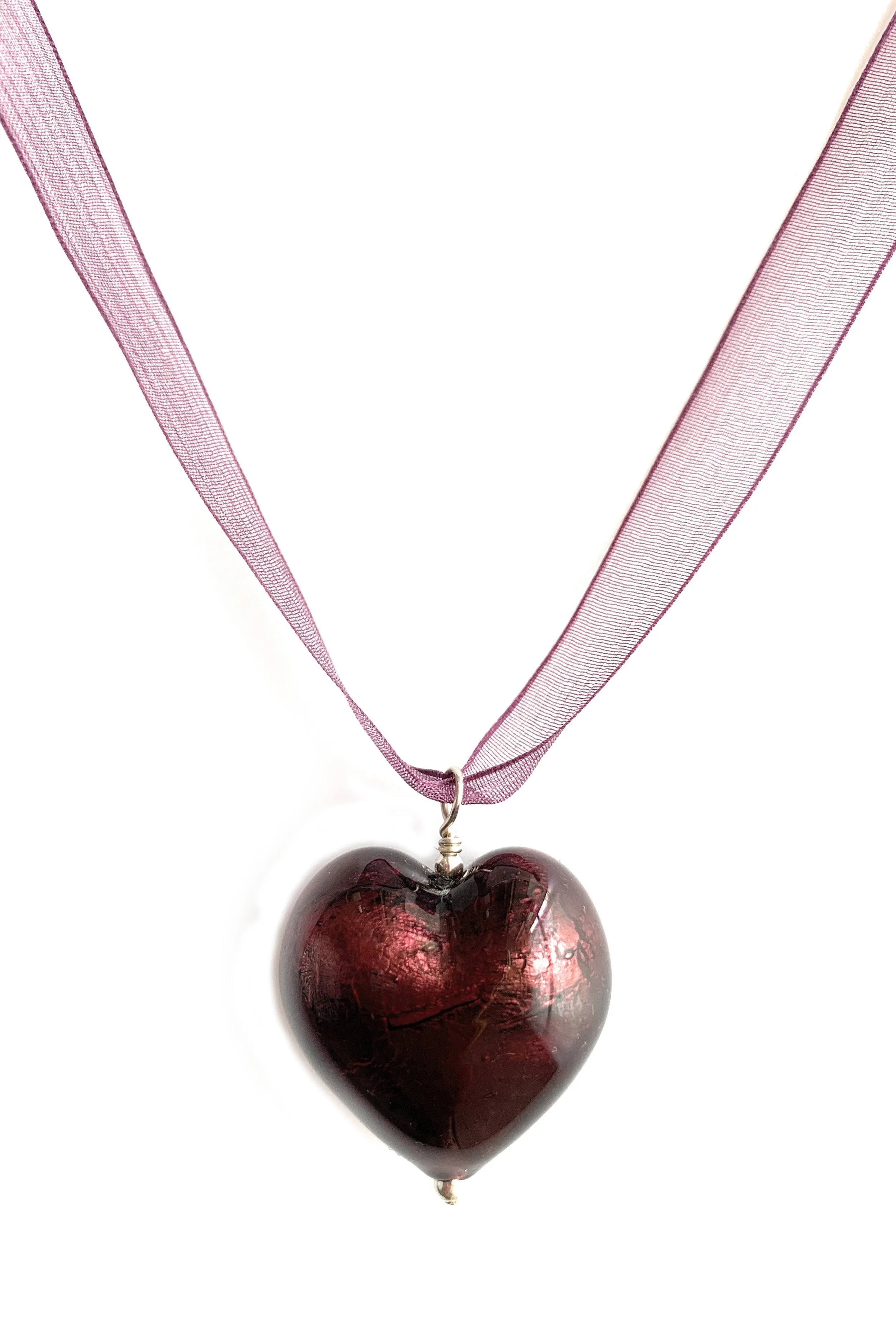 Necklace with dark amethyst (purple) Murano glass large heart pendant on organza ribbon