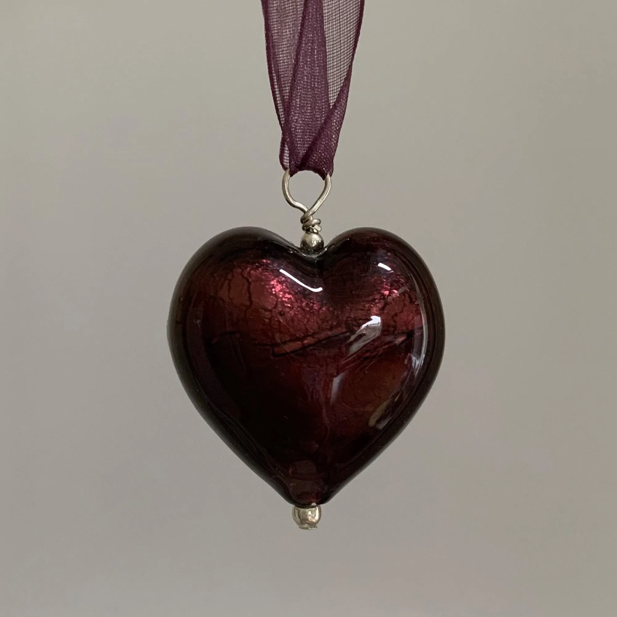 Necklace with dark amethyst (purple) Murano glass large heart pendant on organza ribbon