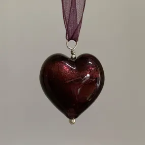 Necklace with dark amethyst (purple) Murano glass large heart pendant on organza ribbon