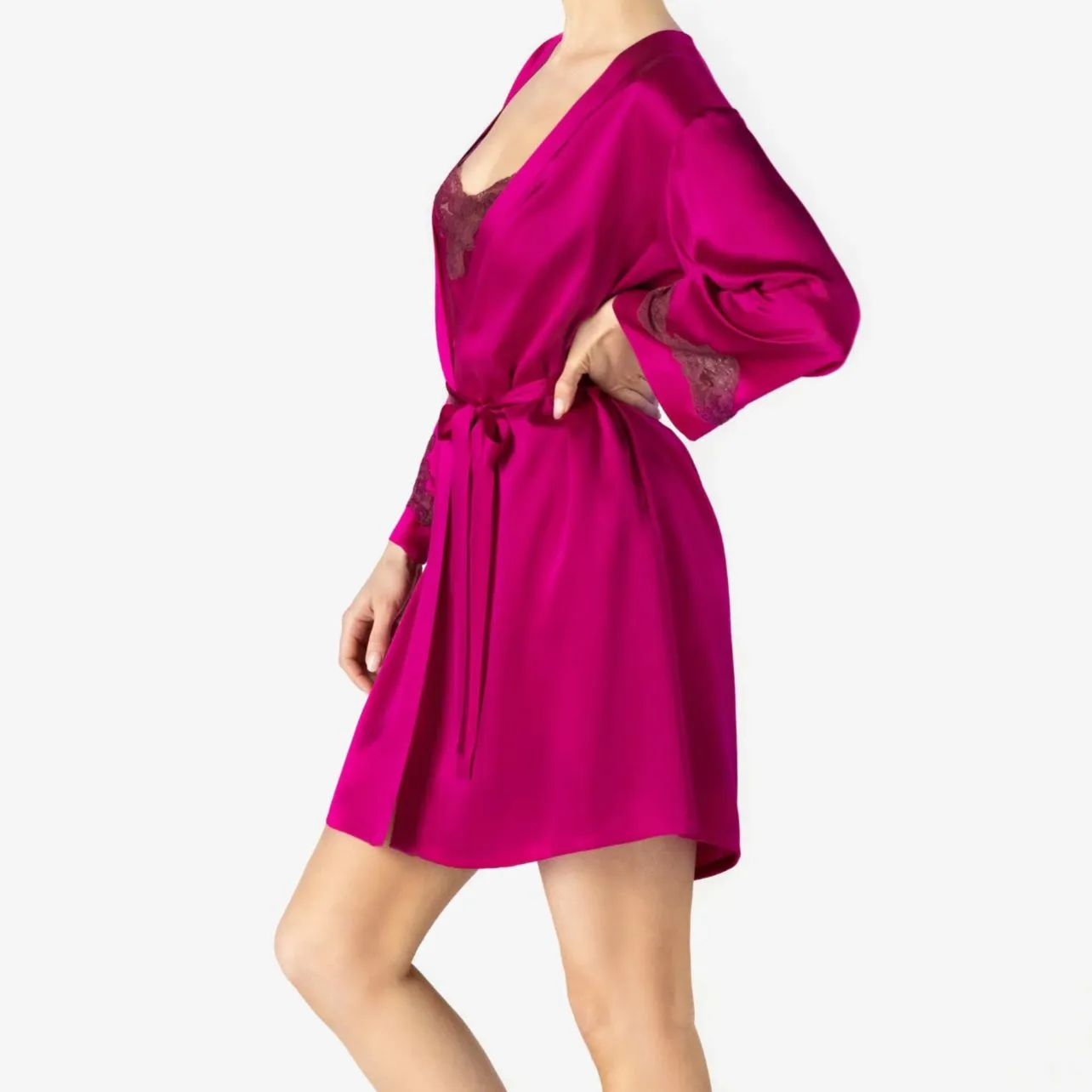 NK iMode Morgan Iconic Short Silk Robe in Pink Ruby