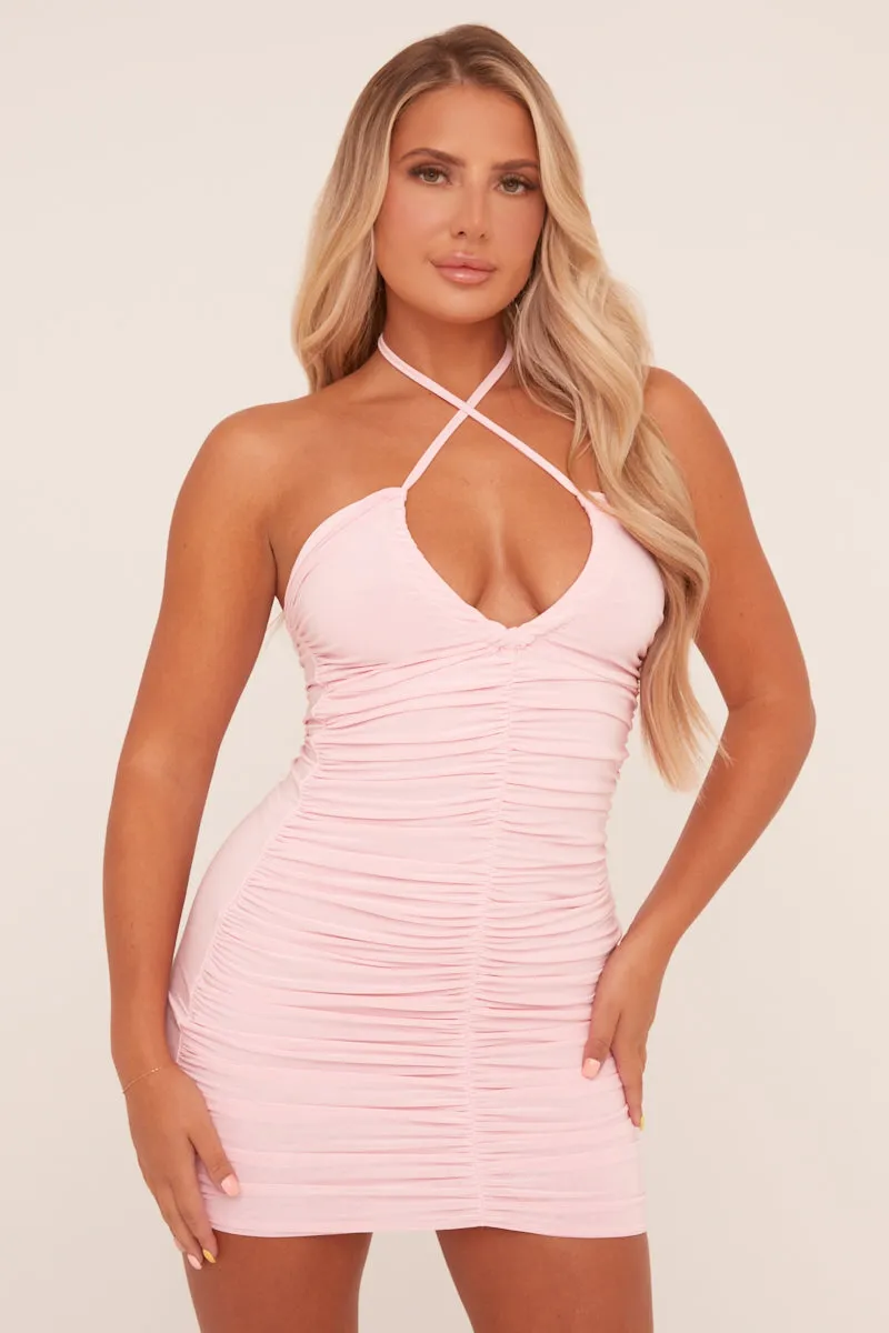 Pink Bandeau Ruched Tie Detail Bodycon Mini Dress - Damian