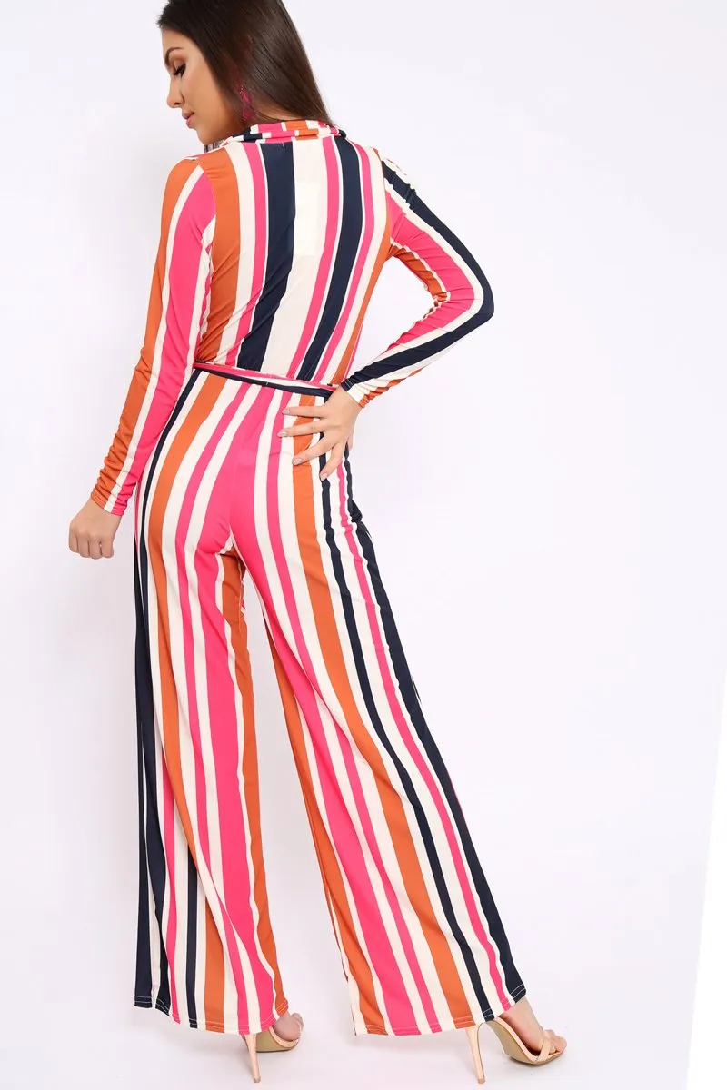 Pink Plunge Front Multi Stripe Jumpsuit - Jara