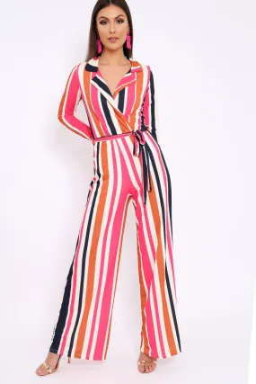 Pink Plunge Front Multi Stripe Jumpsuit - Jara