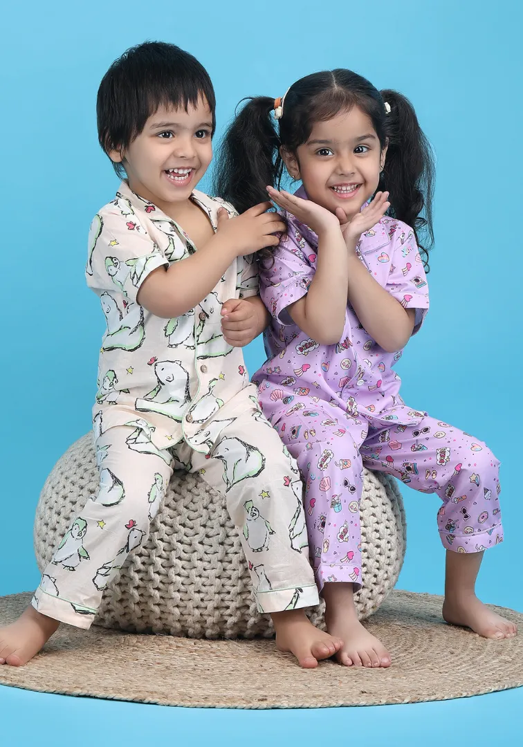 Polka tots Half Sleeves ice-cream print Night Suit - Purple