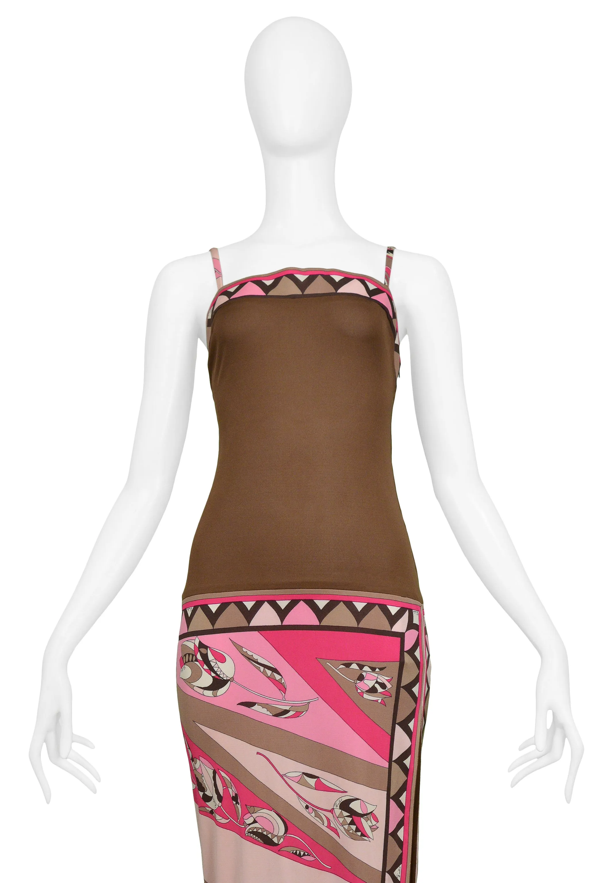 PUCCI PINK & BROWN SILK JERSEY GOWN ABSTRACT PRINT