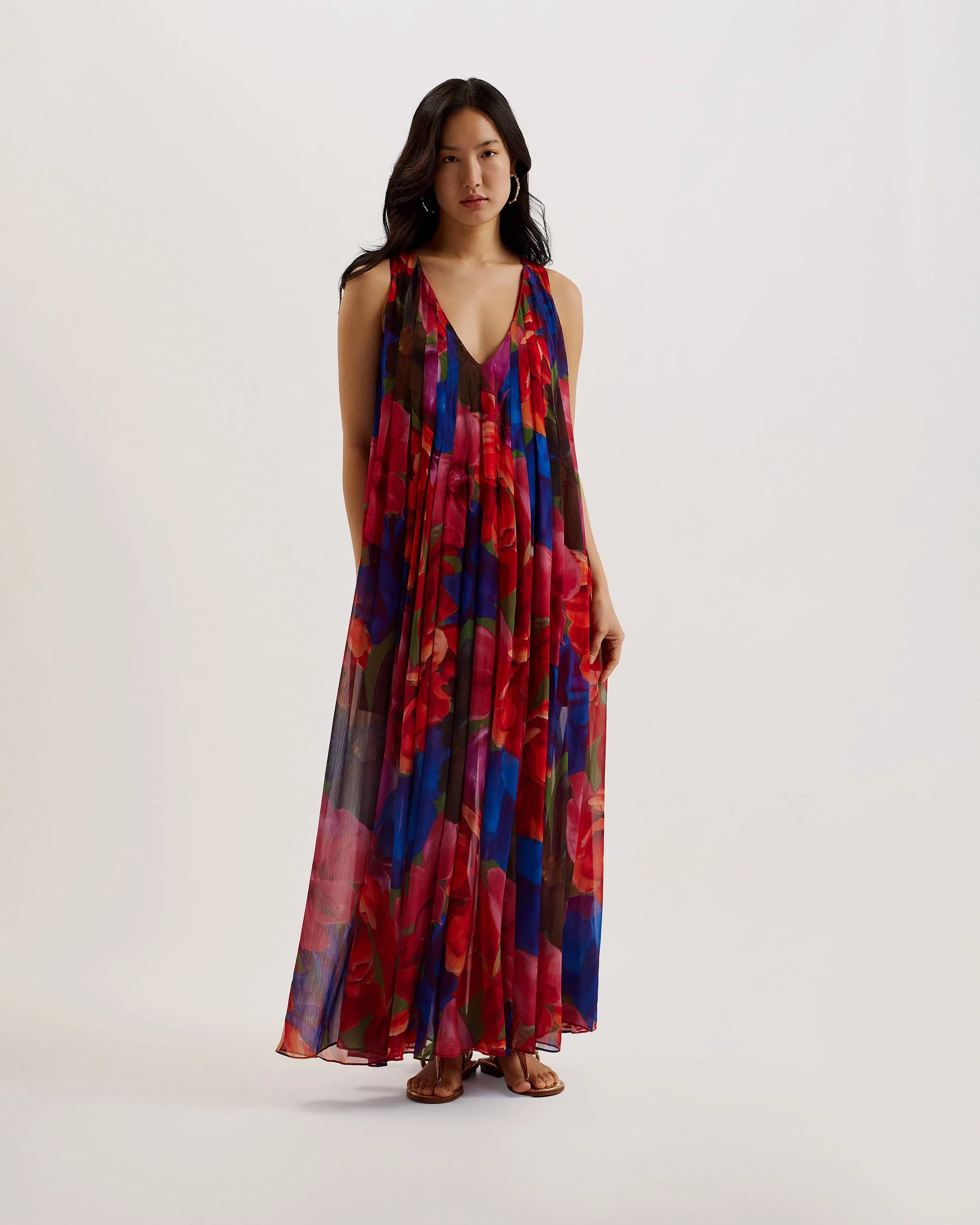 Rabiusa Organza Tropical Bloom V Neck Maxi Dress Multicolor