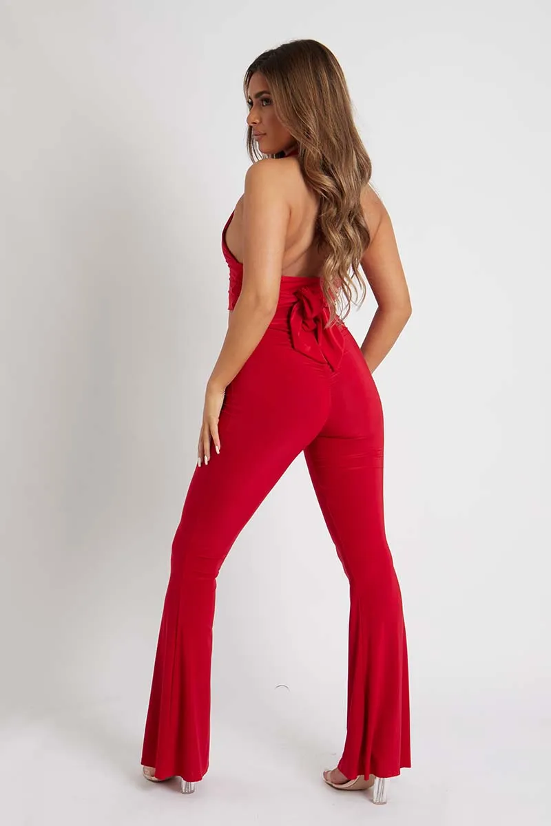 Red Halter Neck Slinky Crop Top - Jessabel