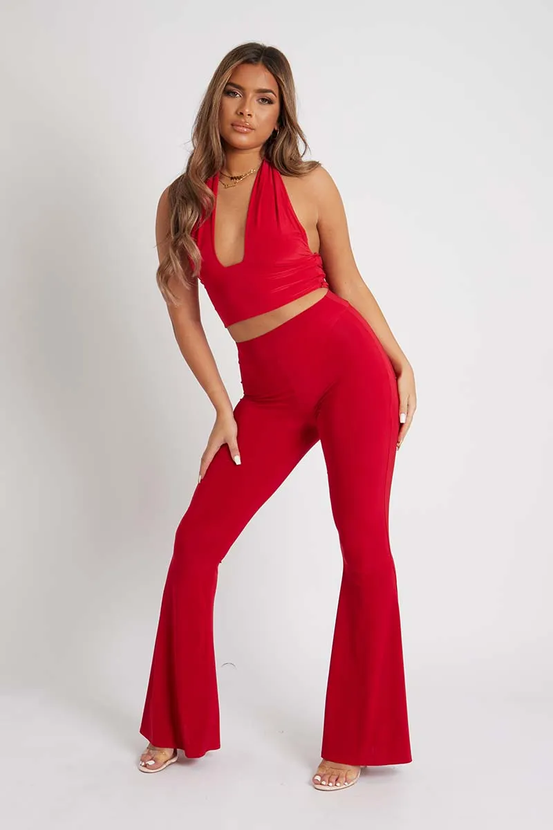 Red Halter Neck Slinky Crop Top - Jessabel