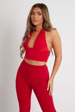 Red Halter Neck Slinky Crop Top - Jessabel