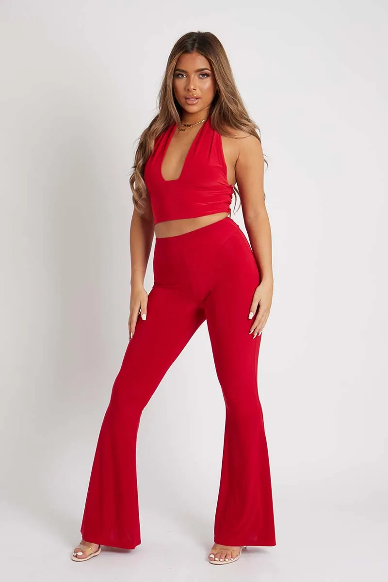 Red Halter Neck Slinky Crop Top - Jessabel