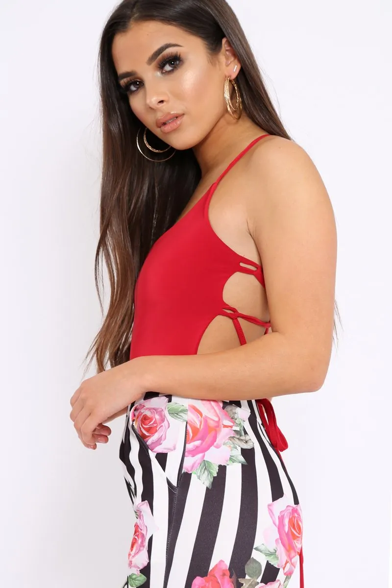 Red Slinky Lace Up Back Bodysuit - Danella