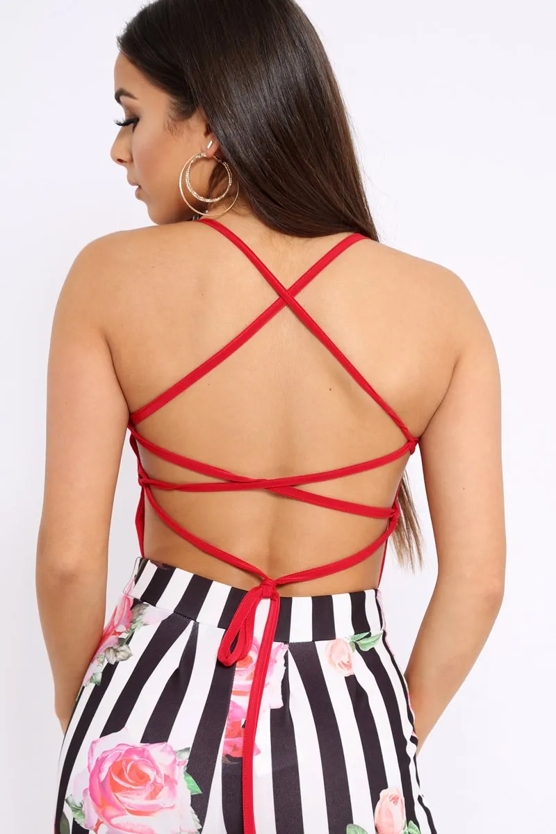 Red Slinky Lace Up Back Bodysuit - Danella