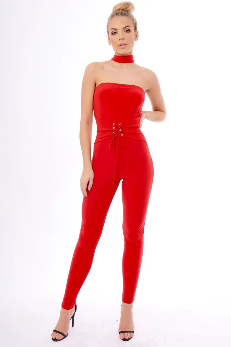 Red Slinky Lace Up Corset Choker Jumpsuit - Daisey