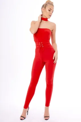 Red Slinky Lace Up Corset Choker Jumpsuit - Daisey