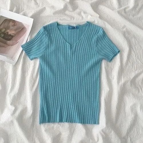 Ribbed T-Shirt With V-Neck