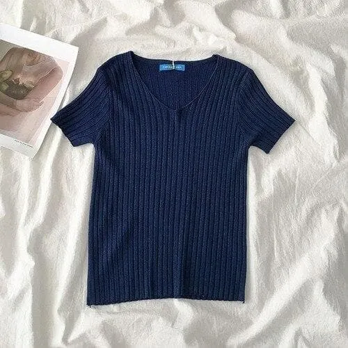 Ribbed T-Shirt With V-Neck