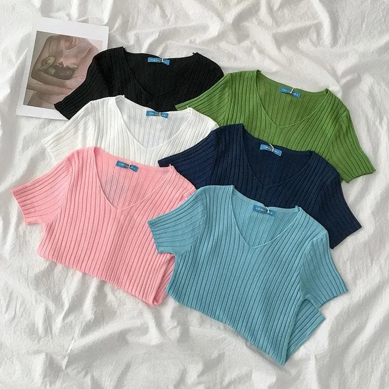 Ribbed T-Shirt With V-Neck