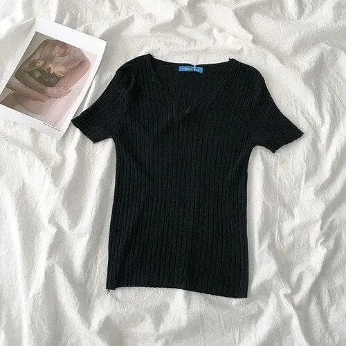 Ribbed T-Shirt With V-Neck