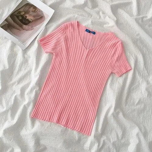 Ribbed T-Shirt With V-Neck