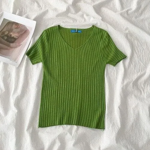 Ribbed T-Shirt With V-Neck