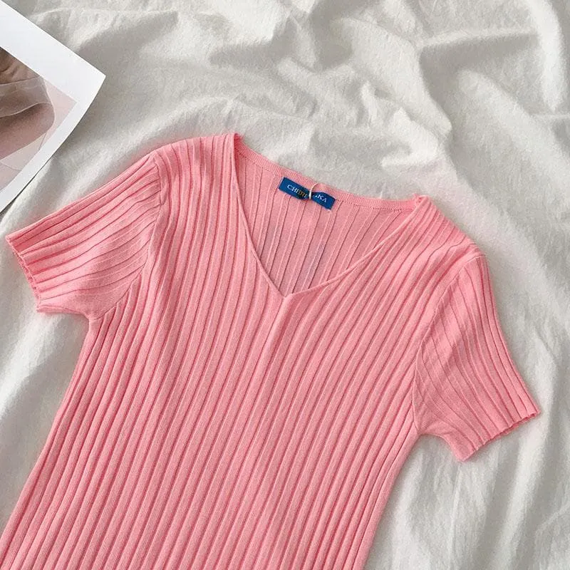 Ribbed T-Shirt With V-Neck