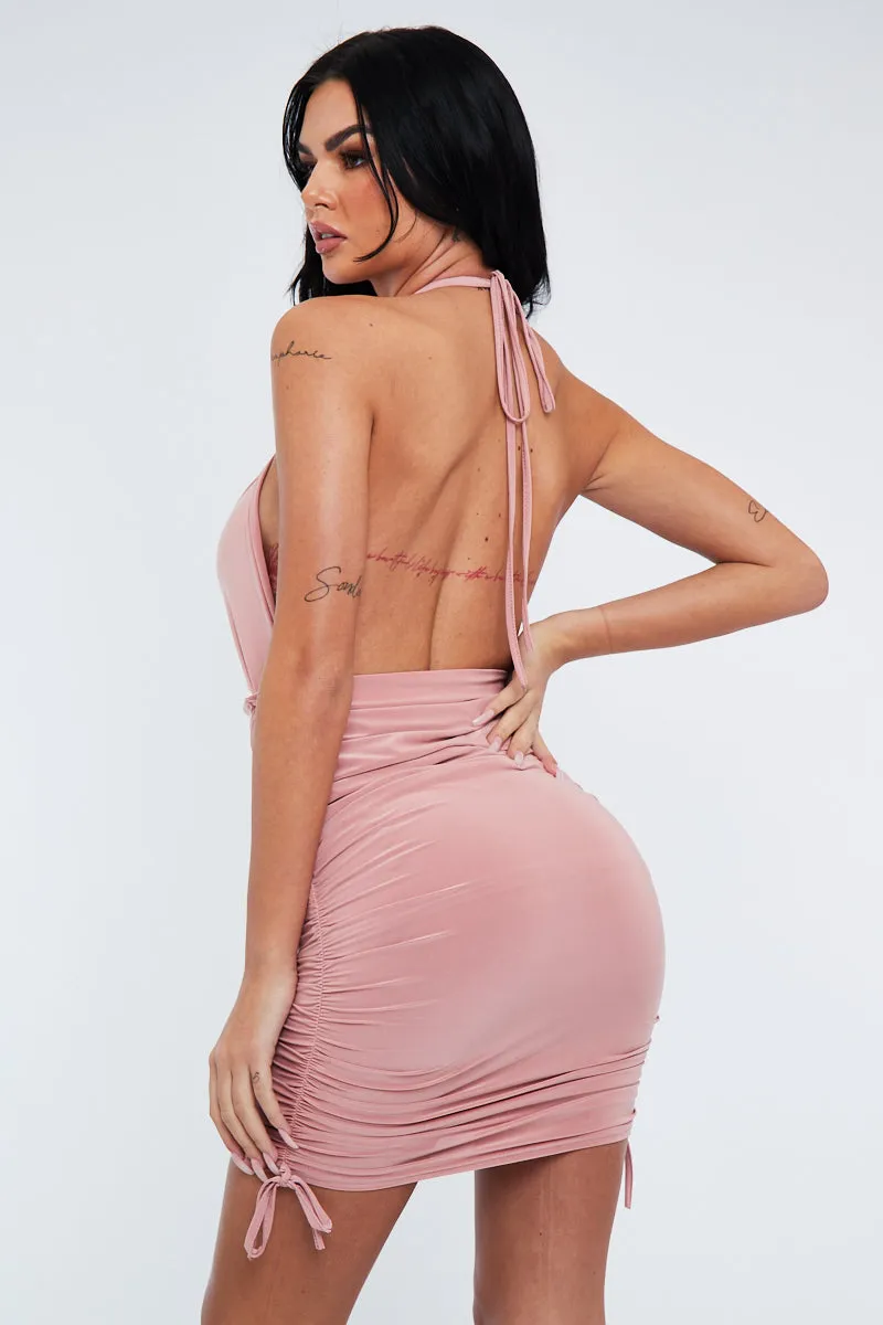 Rose Halter Neck Slinky Mini Dress - Raylinn