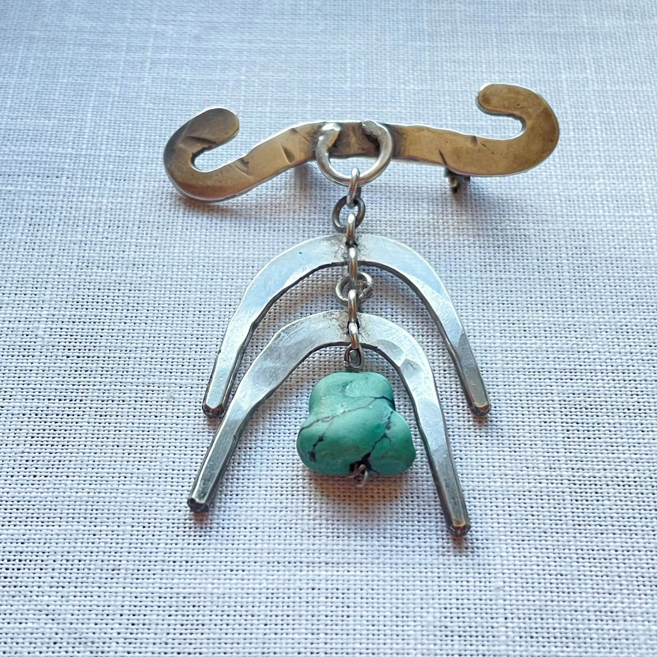 SOLD Vintage Sterling Silver Turquoise Articulated Brooch, Southwestern Pin