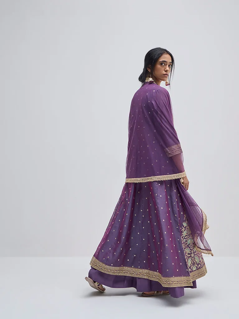 Vark Purple Floral Anarkali Kurta, Skirt and Dupatta Set