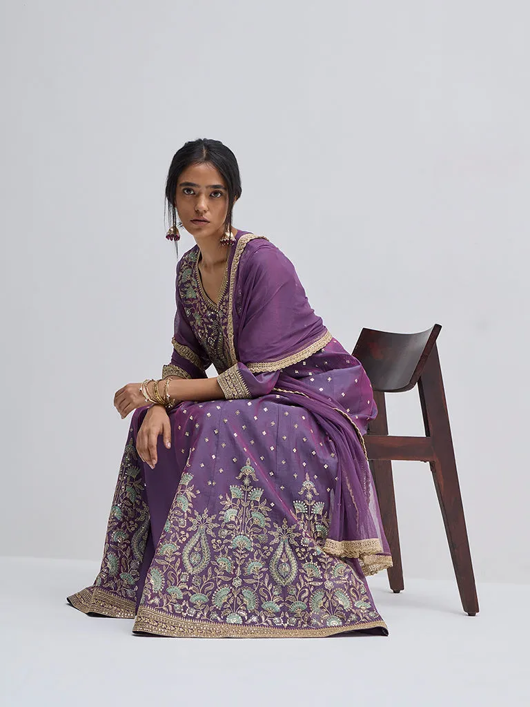 Vark Purple Floral Anarkali Kurta, Skirt and Dupatta Set