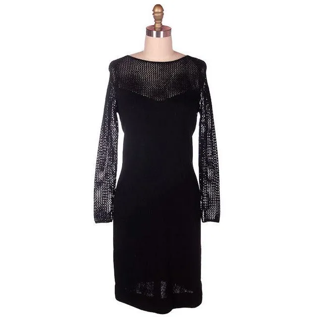 Vintage Black Knit Dress Openwork Sleeves & Yoke Robert Cappelto 1980s Small