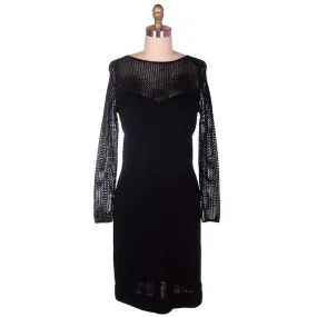 Vintage Black Knit Dress Openwork Sleeves & Yoke Robert Cappelto 1980s Small