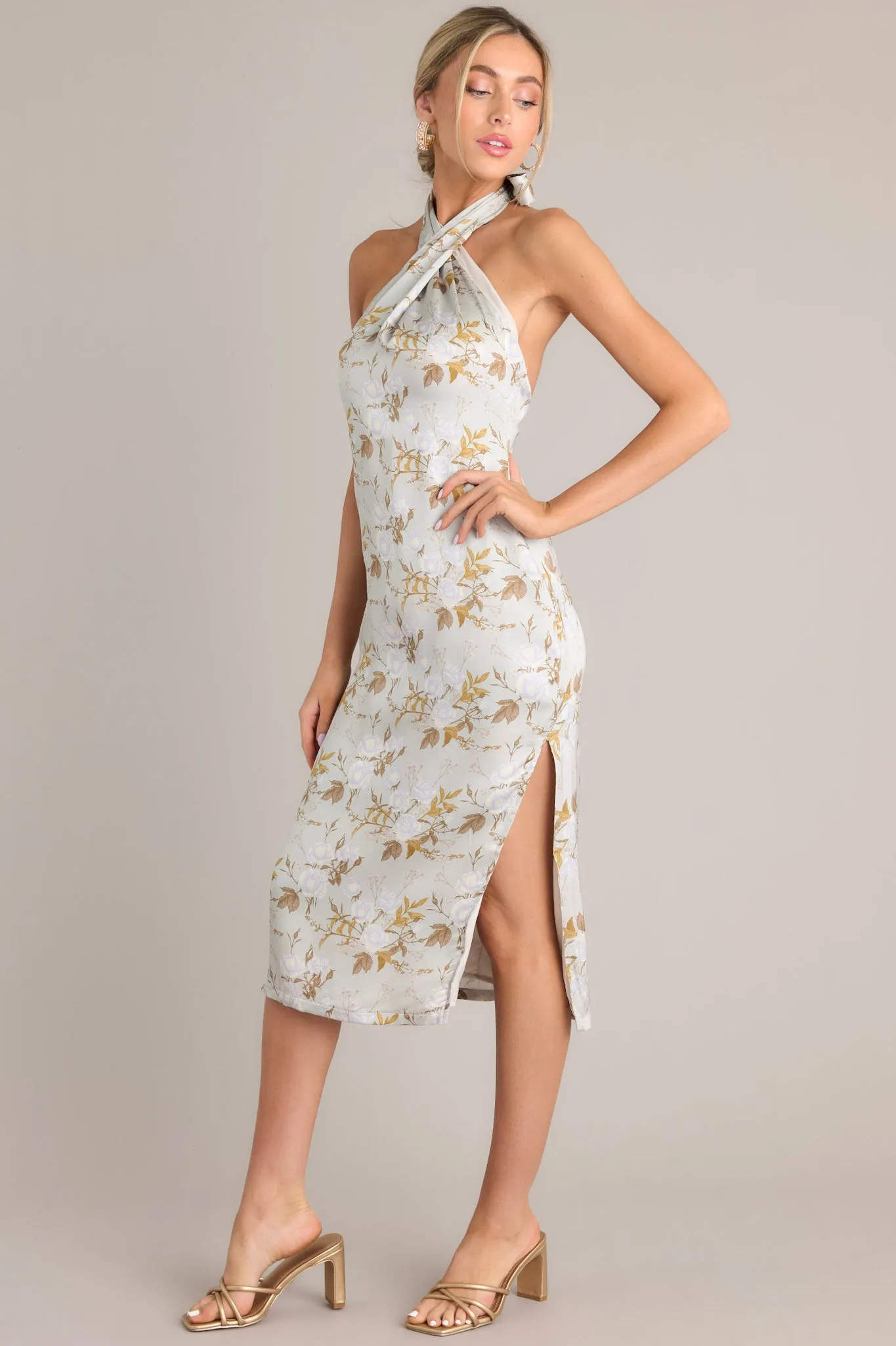 Willow Wisps Light Sage Floral Halter Midi Dress